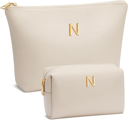 Women Gifts | Initial Makeup Bag Set for Girl Personalized Gifts for Bridesmaid Friend Graduation Teachers PU Leather Cosmetic Travel Toiletry Bag(Beige,N)