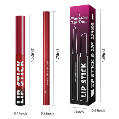 AMY'S DIARY 2Pcs Ruby Red Lipstick and Lip Liner Combo, Lip Liner and Lip Stick Kit for Women, Matte Lip Pencil and Smooth Hydrating Lipstick, Non-Stick Lip Makeup Set (06#)