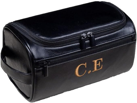 Personalized Embroidery PU Leather Travel Toiletry Bag for Men,Stylish Travel Organizer for Travel, Wedding Gift,Customized Monogram Travel Shaving Dopp Kit for Groomsmen (Black)