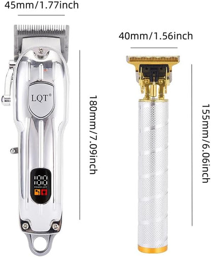 Professional Hair Clipper Set, Gold, LED Display, with Trimmer, 8 Guide Combs, Barber Shaver Set, with Travel Case and Haircut Cape (Silver)