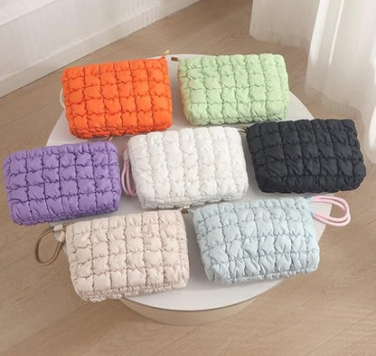 DOB SECHS Puffer Quilted Makeup Bag with Handle Detachable Cute Puffy Cotton Cosmetic Bag, Small Toiletry Zipper Make Up Pouch Purse, Checkered Clutch Bag, Travel Storage Organizer Case, Purple