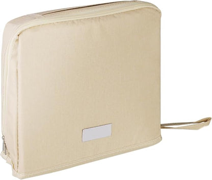 Large Capacity Standing Makeup Bag for Travel, Foldable Hanging Toiletry Organizer with 3 Storage Layers & 8 Inner Pockets, Portable Cosmetic Case for Women (Beige)