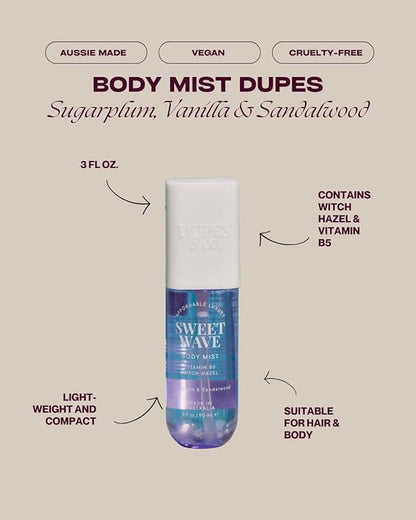 DUPES & CO. Sweet Wave Hydrating Body Mist for Women – Plum & Vanilla Orchid with Vitamin B5 & Witch Hazel – Sweet, Warm Scent in a 3 Fl Oz Bottle