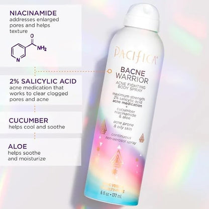 Pacifica Bacne Warrior - Bacne Salicylic Acid Spray, Back Acne Treatment Spray with 2% Salicylic Acid, Niacinamide, and Aloe, Body Acne Warrior for Body, Chest, and Back, Dermatologist Tested- 6 Fl Oz