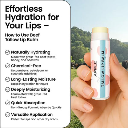 Tallow Lip Balm by Cattle Creek – Organic, All-Natural Ingredients, Long-Lasting Moisture and Hydration for Dry, Cracked, and Chapped Lips, Soothing Formula for Soft Skin (Pack of 3, Apple)