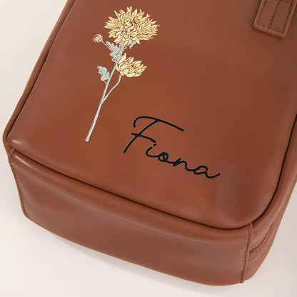 Custom Name Leather Makeup Bag Travel Toiletry Bag with Birth Flower Handle Personalized Make Up Storage Bags for Women Large Capacity Cosmetic Bag Organiser Vanity Case Womens Toiletries Wash Bags
