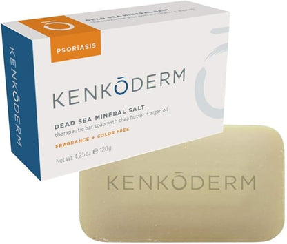 Kenkoderm Psoriasis Dead Sea Mineral Salt Soap with Argan Oil & Salicylic Acid, Natural Exfoliating Body & Face Cleanser for Sensitive Skin, Color & Fragrance Free, 4.25 Ounce, 1 Bar