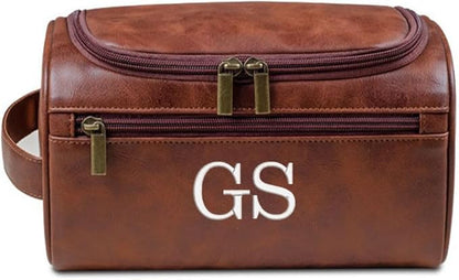 Personalized Embroidery PU Leather Travel Toiletry Bag for Men,Stylish Travel Organizer for Travel, Wedding Gift,Customized Monogram Travel Shaving Dopp Kit for Groomsmen (Brown)