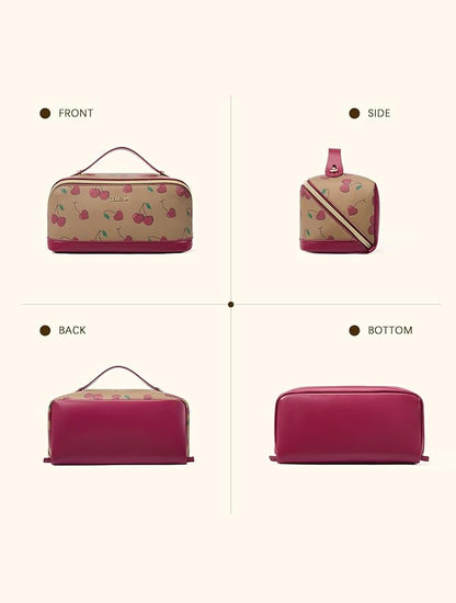 Telena Leather Make Up Bag Portable Travel Makeup Bag Waterproof Cosmetic Bags for Women Large Capacity With Handle and Divider Open Flat