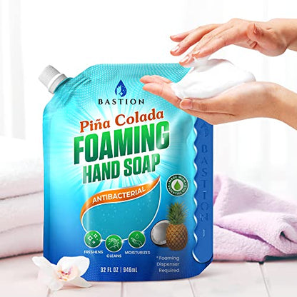 Bastion Foaming Hand Soap Refills: 32oz Pouch Pina Colada Scented Antibacterial Instant-Foam Bulk Hand Wash