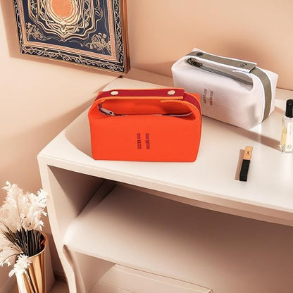 Fashion Makeup Bag for Women, Orange Red Canvas Make up Travel Bag, Hanging Cosmetic Bag Organizer for Wome