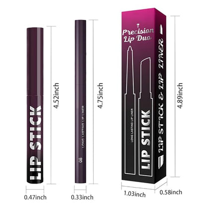 2Pcs 2 in 1 Matte Dark Purple Lip Liner and Lipstick Combo Set for Women,Lipstick Stain Lip Liner for Daily & Party Long Lasting Waterproof Smudge Proof 24 Hour Full Coverage Vegan Lip Makeup Kit