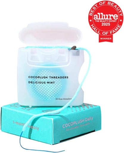 Cocofloss CocoPlush Threaders, Dental Floss for Implants, Bridges, and Braces, Mint, Waxed, Dentist-Designed Oral Care with Coconut Oil, 30 Per Pack