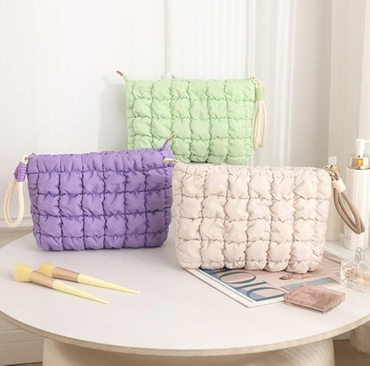 DOB SECHS Puffer Quilted Makeup Bag with Handle Detachable Cute Puffy Cotton Cosmetic Bag, Small Toiletry Zipper Make Up Pouch Purse, Checkered Clutch Bag, Travel Storage Organizer Case, Purple