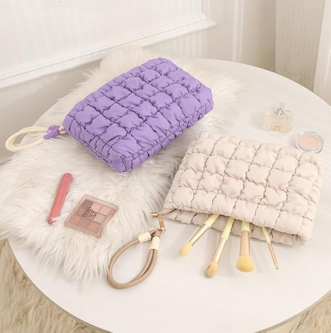 DOB SECHS Puffer Quilted Makeup Bag with Handle Detachable Cute Puffy Cotton Cosmetic Bag for Women, Small Toiletry Zipper Make Up Pouch, Checkered Quilt Clutch Bag Travel Storage Pouches Case, Green