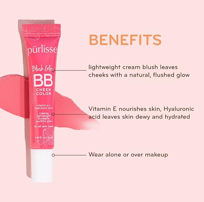 pürlisse Blush Glow BB Cheek Color - Dewy Liquid Blush for Cheeks - Enriched with Vitamin E & Hyaluronic Acid - Creamy, Lightweight & Buildable - Hydrating & Nourishing - Vivid Coral (0.34 Fl oz)