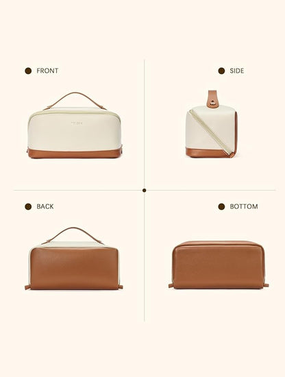Telena Leather Make Up Bag Portable Travel Makeup Bag Waterproof Cosmetic Bags for Women Large Capacity With Handle and Divider Open Flat