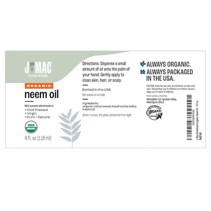 J Mac Botanicals Organic Neem Oil for Skin (4 oz Glass Bottle NO Dropper) - 100% Pure Concentrate Undiluted for Hair and Plants - Essential, Cold Pressed