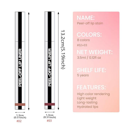 2 Pcs Matte Liquid Lip Stain Peel Off Lip Liner, Long Lasting Lip Tattoo, Waterproof & Transfer-Proof Lip Liner Peel Off Lip Gloss for All Skin Types. 0.12 fl oz #02+#03