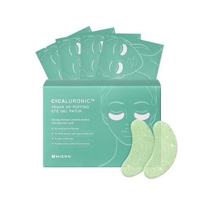 MIZON Cicaluronic Vegan De-puffing Eye Gel Patch, 24K Gold & Cica Under Eye Mask, Reduces Puffy Eyes, Dark Circles and Wrinkles (21 pairs)