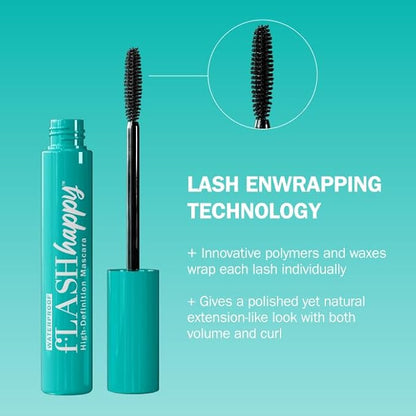 fLASH Happy High-Definition Waterproof Mascara with Ultra-slim Brush for Length, Volume, Curl - All Day Stay-put Wear with Lash Enwrapping Technology - Clean Vegan Formula, Paraben-free (True Black)