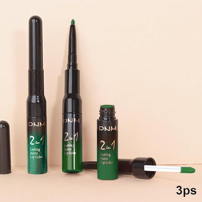 3Pcs 2 in 1 Green Matte Shimmer Lip Liner and Liquid Lipstick Stain Makeup Set for women, Long Lasting Smudge Proof Lip Tint Matte Finish Lip Gloss for All-Day Color Hold Easy to Use, Set25