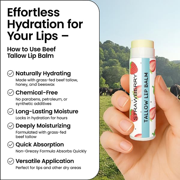 Tallow Lip Balm by Cattle Creek – Organic, All-Natural Ingredients, Long-Lasting Moisture and Hydration for Dry, Cracked, and Chapped Lips, Soothing Formula for Soft Skin (Pack of 3, Strawberry)