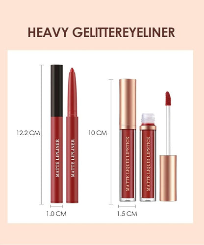 BestLand 6Pcs Matte Liquid Lipstick and Lip Liner Set, Non-Stick Cup Not Fade Waterproof 24 Hour Lip Gloss Nude Brown Lip Liner Pencil for Women, labiales mate 24 horas originales (Set B)