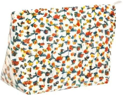 PAZIMIIK Makeup Bag Large Zipper Corduroy Make Up Pouch for Purse Travel Canvas Cosmetic Organizer for Women Brush Storage,Floral White