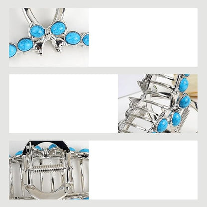 SINIDE Turquoise Blue Stone Hair Claw Clips, Large Metal Retro Bowknot Claw Clip for Women Strong Hold Non-Slip Catch Barrette Jaw Clamp for Long Thick Hair, Fashion Styling Accessories (2 Pack)