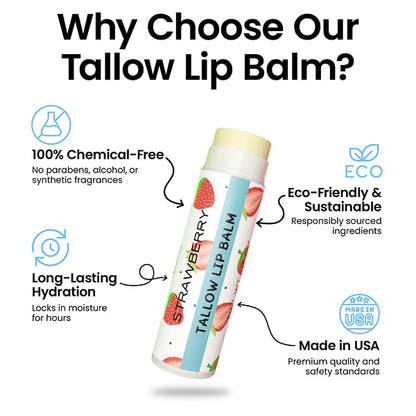 Tallow Lip Balm by Cattle Creek – Organic, All-Natural Ingredients, Long-Lasting Moisture and Hydration for Dry, Cracked, and Chapped Lips, Soothing Formula for Soft Skin (Pack of 3, Strawberry)