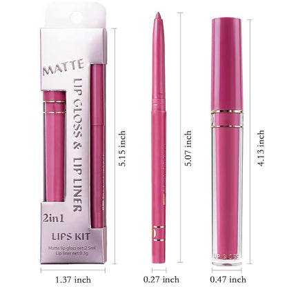 evpct 2Pcs Rose Matte Lip Liner and Lipstick Gloss Stains Makeup Set Kit for Women Long Lasting Waterproof 24, Rose Red Matte Lipstick Kit with Lip Liner, 24 Hour Lipsticks Pencils