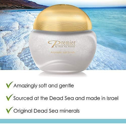 Premier Dead Sea Aromatic Salt Scrub, body scrub, bath salts infused with essential oils, jojoba oil, vitamin e oil, Exfoliates and Moisturizes smooth soft skin Hands, Feet & Body EXOTIC SCENT 10.5oz