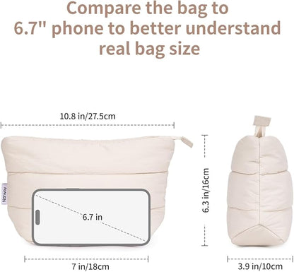 Narwey Small Makeup Bag for Travel Women Girl, Puffer Cosmetic Bag Makeup Pouch for Purse with Zipper, Cute Puffy Make Up Organizer Bags, Travel Toiletry Bag Toiletries (Beige)