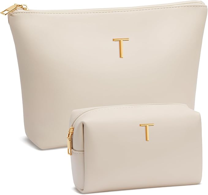 Women Gifts | Initial Makeup Bag Set for Girl Personalized Gifts for Bridesmaid Friend Graduation Teachers PU Leather Cosmetic Travel Toiletry Bag(Beige,T)