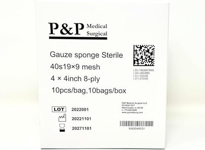 Gauze Surgical Sponges Cotton STERILE Woven 8-ply High Grade Quality 4"x4" Class I(a) All Purpose Pads by P&P MEDICAL SURGICAL Pack of 100