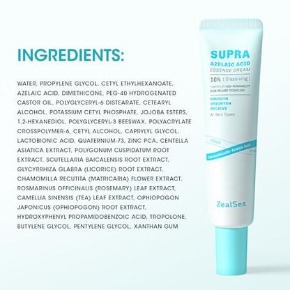 ZealSea 10% Azelaic Acid Facial Cream - Azelaic Acid Serum with AHA for Face, Relief Pimple, Breakouts, Blackhead & Redness, Azelaic Acid Gel Clarify Skin Soothe Irritation, 0.34 Oz Travel Size