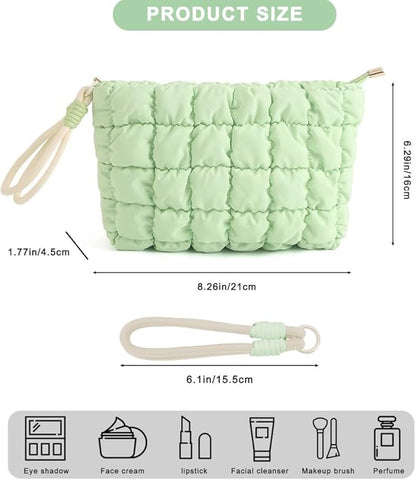 DOB SECHS Puffer Quilted Makeup Bag with Handle Detachable Cute Puffy Cotton Cosmetic Bag for Women, Small Toiletry Zipper Make Up Pouch, Checkered Quilt Clutch Bag Travel Storage Pouches Case, Green