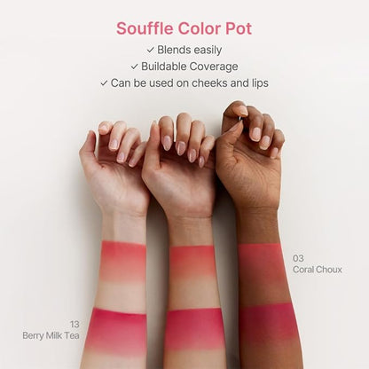 dasique Souffle Color Pot #02 Pomelo Pudding – Makeup Blush, Buildable Silky-Smooth Texture, Build-In Mini Brush, Multi-Use For Cheek and Lip