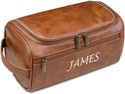 Personalized Embroidery PU Leather Travel Toiletry Bag for Men,Stylish Travel Organizer for Travel, Wedding Gift,Customized Monogram Travel Shaving Dopp Kit for Groomsmen (Brown)