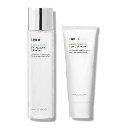 ROVECTIN Calming Lotus Water Cream (2.03 fl.oz, 60ml) Moisturizer + Aqua Hyaluronic Essence (6.08 fl.oz, 180ml) Facial Toner Bundle | Vegan Korean Skincare [2 Pack]