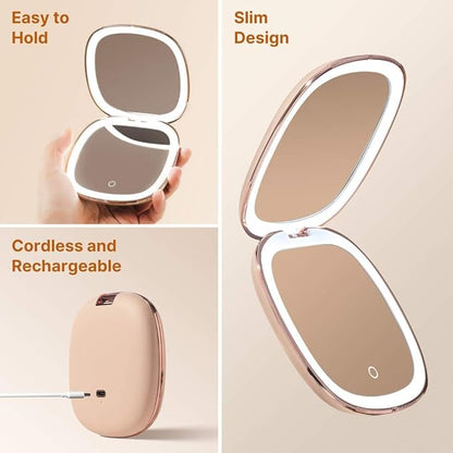 Fancii Mila 2 Compact Makeup Mirror with LED Light, Rechargeable, 10x /1x Magnifying, Tru-Glow Lighting System, Vegan Leather, Small Travel Mirror for Purses (Champagne Cream)