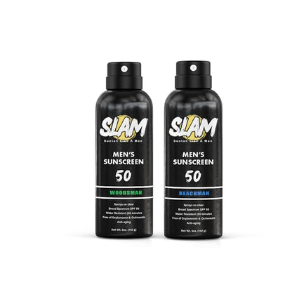 SLAM WoodsMan & BeachMan Bundle - Men's Scented Sunscreen Spray, Water Resistant, Paraben Free, Broad Spectrum UVA/UVB Sunscreen SPF 30