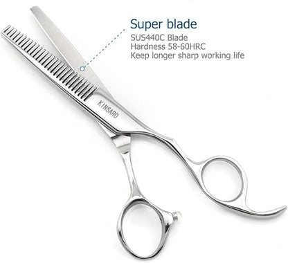 5.5" Hair Thinning Scissors Barber Scissors Professional Sharp Hairdresser Hair Thinning Shears 28 Teeth 440C Silvery Convex Edge Blade Blind Hole KINSARO for Hairdresser Barber or Home Use