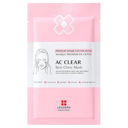 Leaders Insolution AC Clear Skin Clinic Mask | Snail Secretion & Tea Tree Oil for Acne, Redness, Oil Control | 100% Cotton Bemliese Sheet | Balances & Soothes Sensitive Skin (10 Sheets)