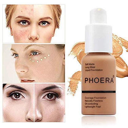 PHOERA Foundation,Flawless Soft Matte Oil Control Liquid Foundation Full Coverage Face Makeup. (104# Buff Beige)