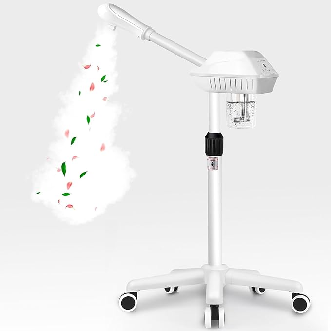 Professional Facial Steamer, Stand Ozone Face Steamer on Wheels, Adjustable Height and Angle,Estheticians Steamer More Steam,Hot Mist Facial Humidifier Atomizer for Spa Beauty, Home Use