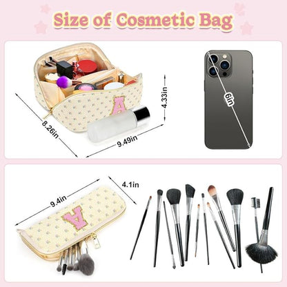 Personalized Travel Makeup Bag Set,Initial Travel Cute Floral Makeup Organizer Bag,Toiletry Skincare Cosmetic Bag,Christmas Gifts for Women/Girls,Open Flat Toiletry Pouch with Brush Pocket-G