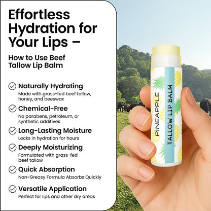 Tallow Lip Balm by Cattle Creek – Organic, All-Natural Ingredients, Long-Lasting Moisture and Hydration for Dry, Cracked, and Chapped Lips, Soothing Formula for Soft Skin (Pack of 3, Pineapple)