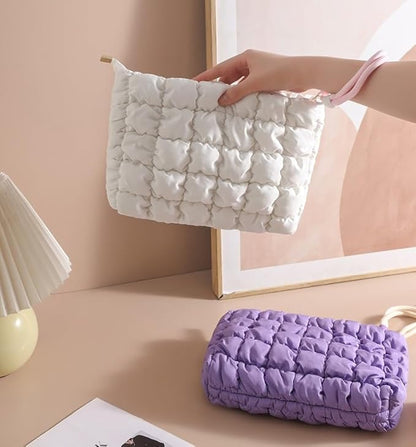 DOB SECHS Puffer Quilted Makeup Bag with Handle Detachable Cute Puffy Cotton Cosmetic Bag for Women, Small Toiletry Zipper Make Up Pouch, Checkered Quilt Clutch Bag Travel Storage Pouches Case, White